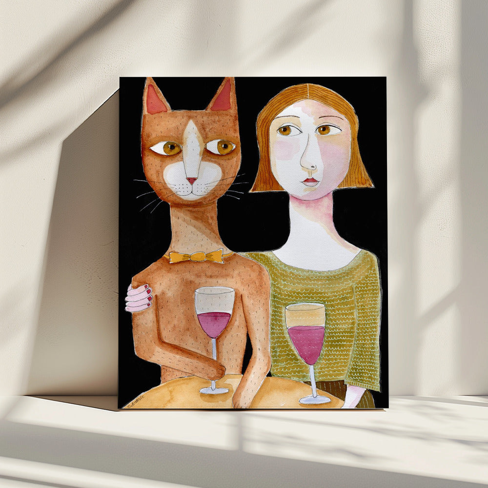 Beste Freunde Katze und Dame trinken Wein | Leinwand