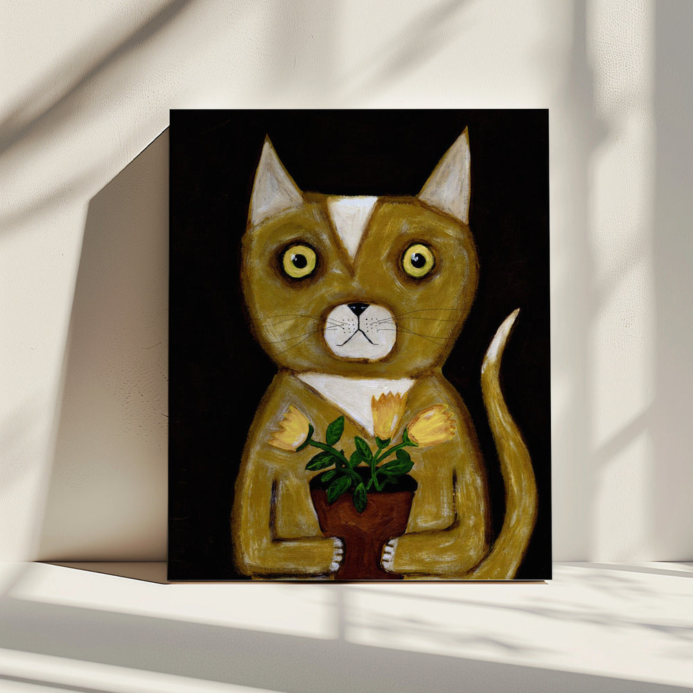 Topfpflanze Katze schwarzer Hintergrund | Leinwand
