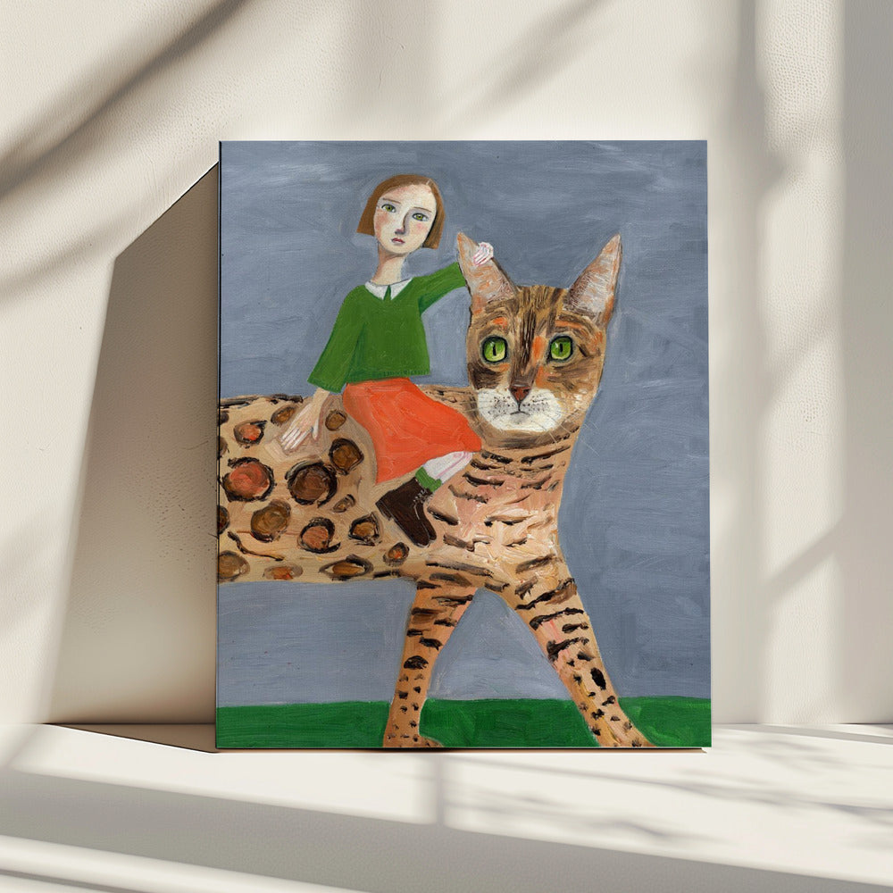 Mädchen auf Bengalkatze | Leinwand