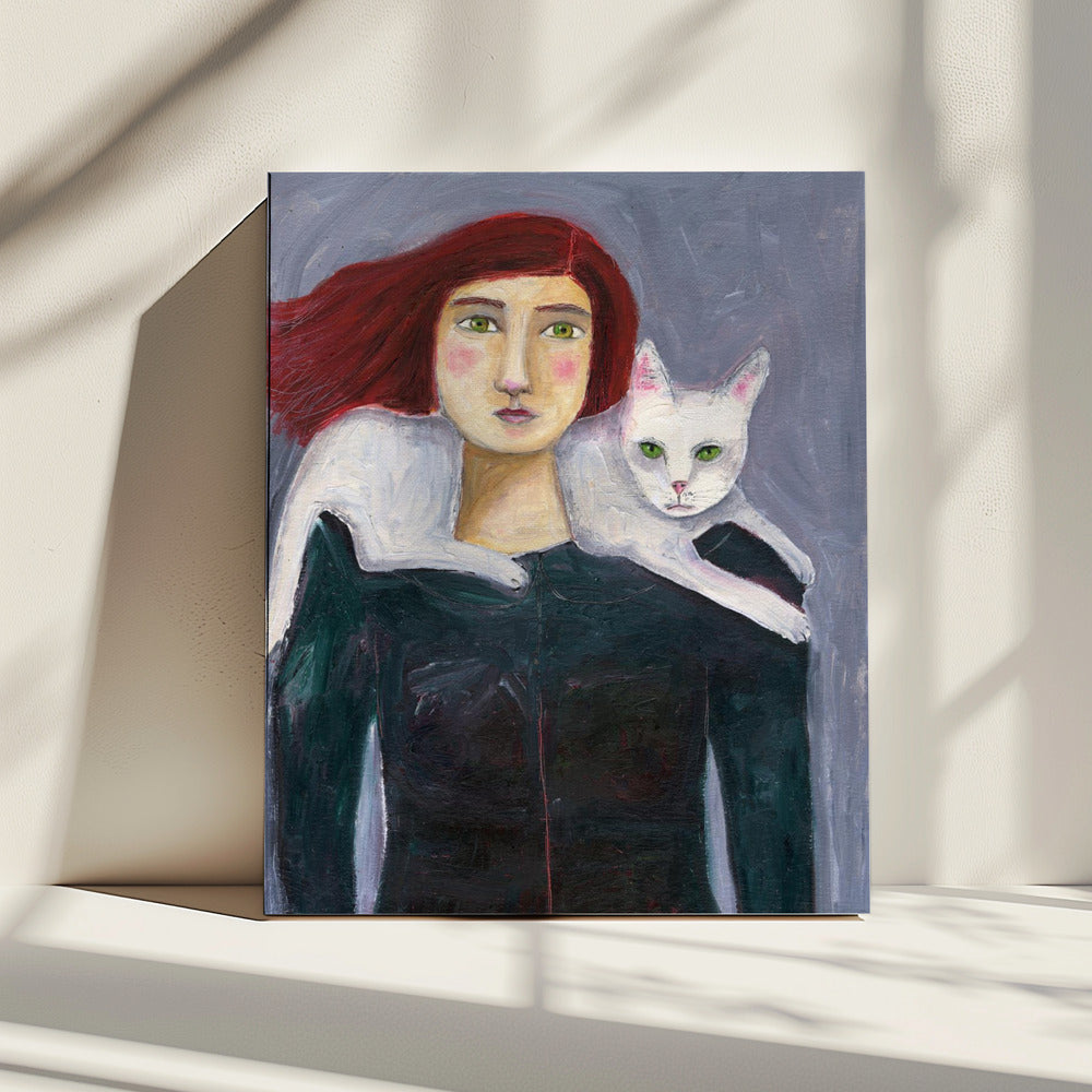 Die Dame und die weiße Katze | Leinwand