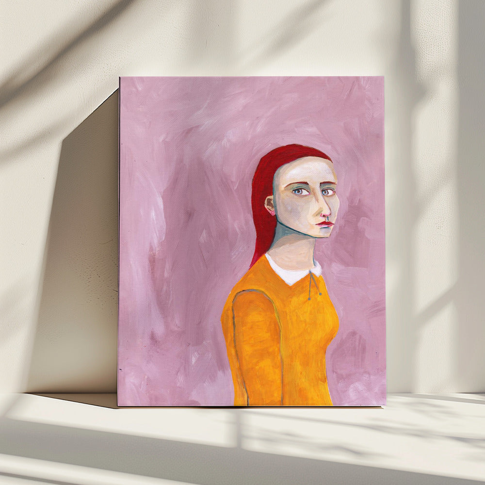 Dame im gelben Kleid und rosa Hintergrund | Leinwand