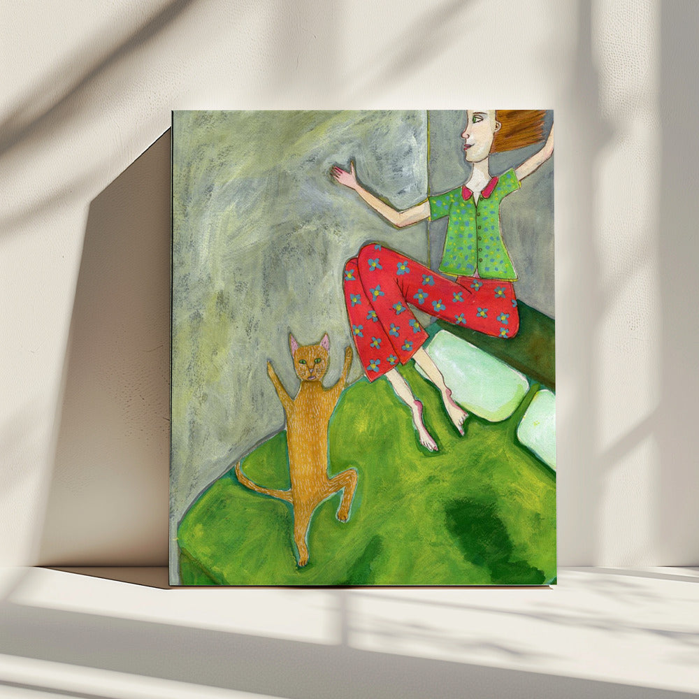 Katzenliebhaber springt fröhlich | Leinwand