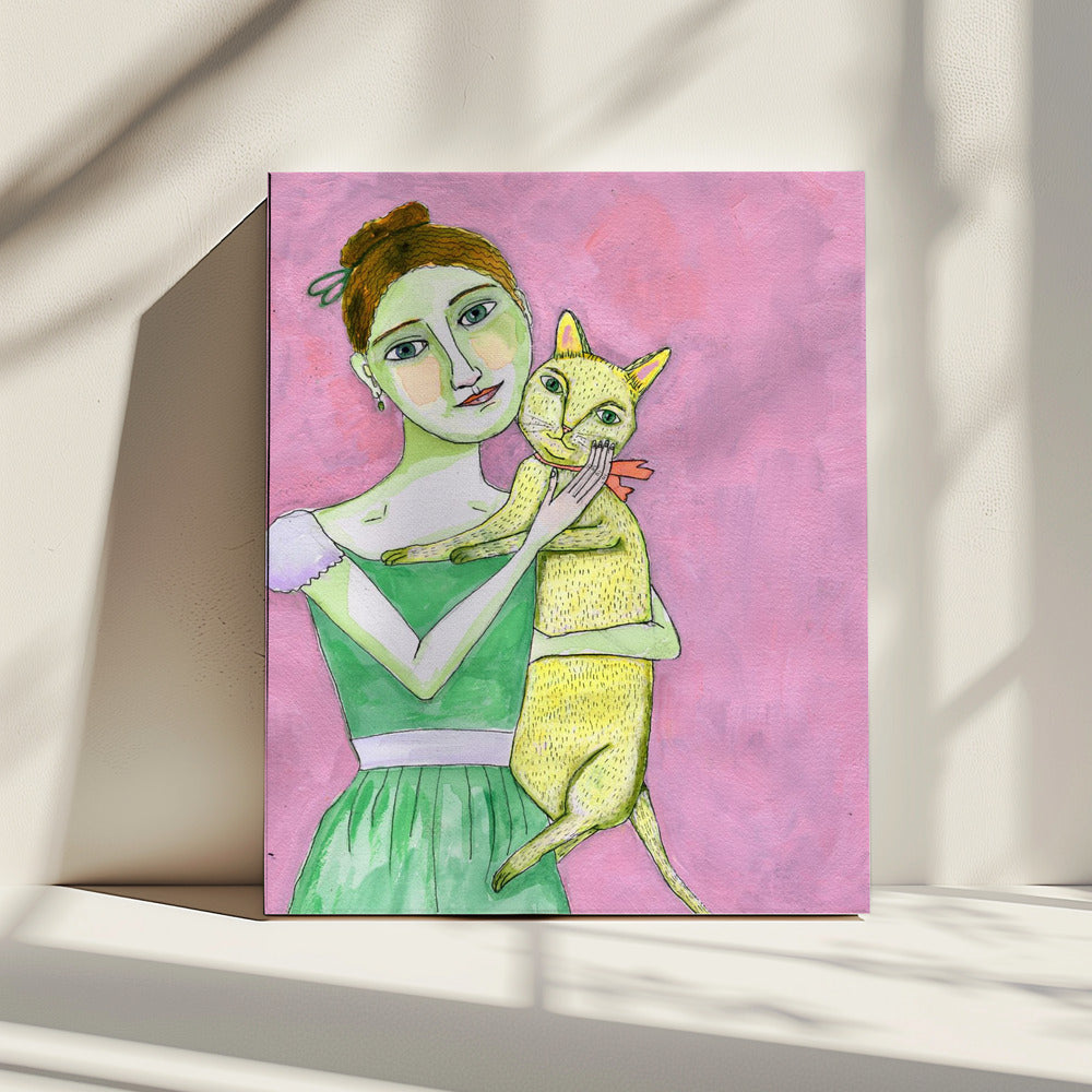 Dame mit gelber Katze | Leinwand