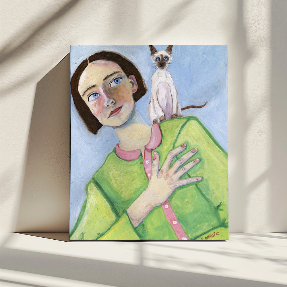 Mädchen mit Katze auf der Schulter | Leinwand