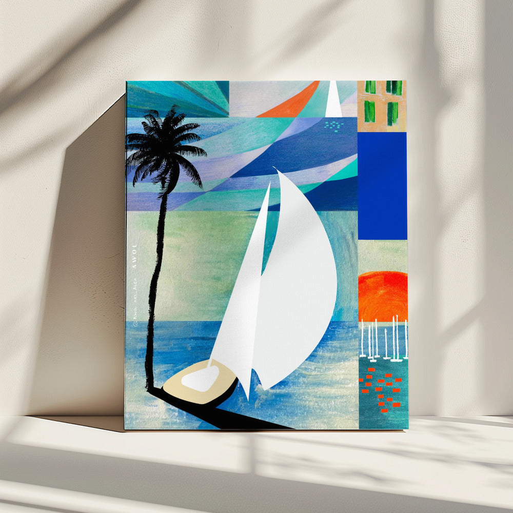 Farbenfroher mediterraner Reisekunstdruck mit Sonnenaufgang und Palme | Leinwand