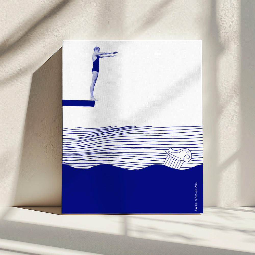 Modern Vintage Beach Wall Art, Nautical Art Print, Woman Swimming In Abstract Sea | Canvas