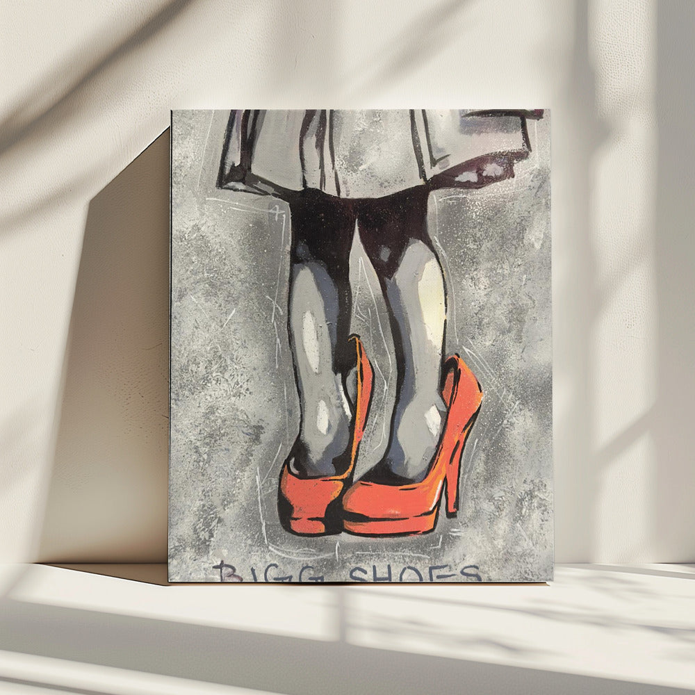 Kind trägt übergroße rote High Heels | Leinwand