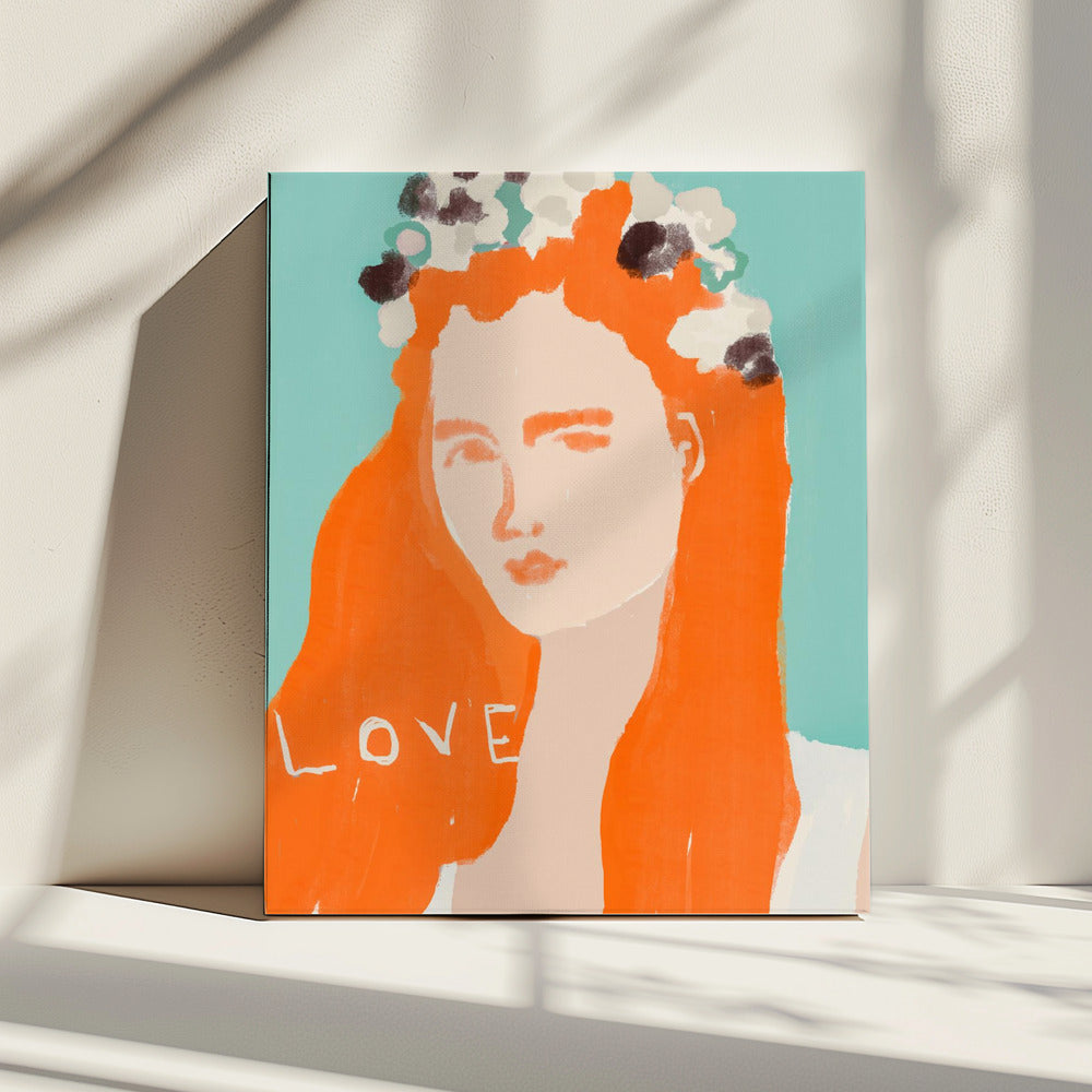 Frau mit orangefarbenem Haar, geschmückt mit Blumen | Leinwand