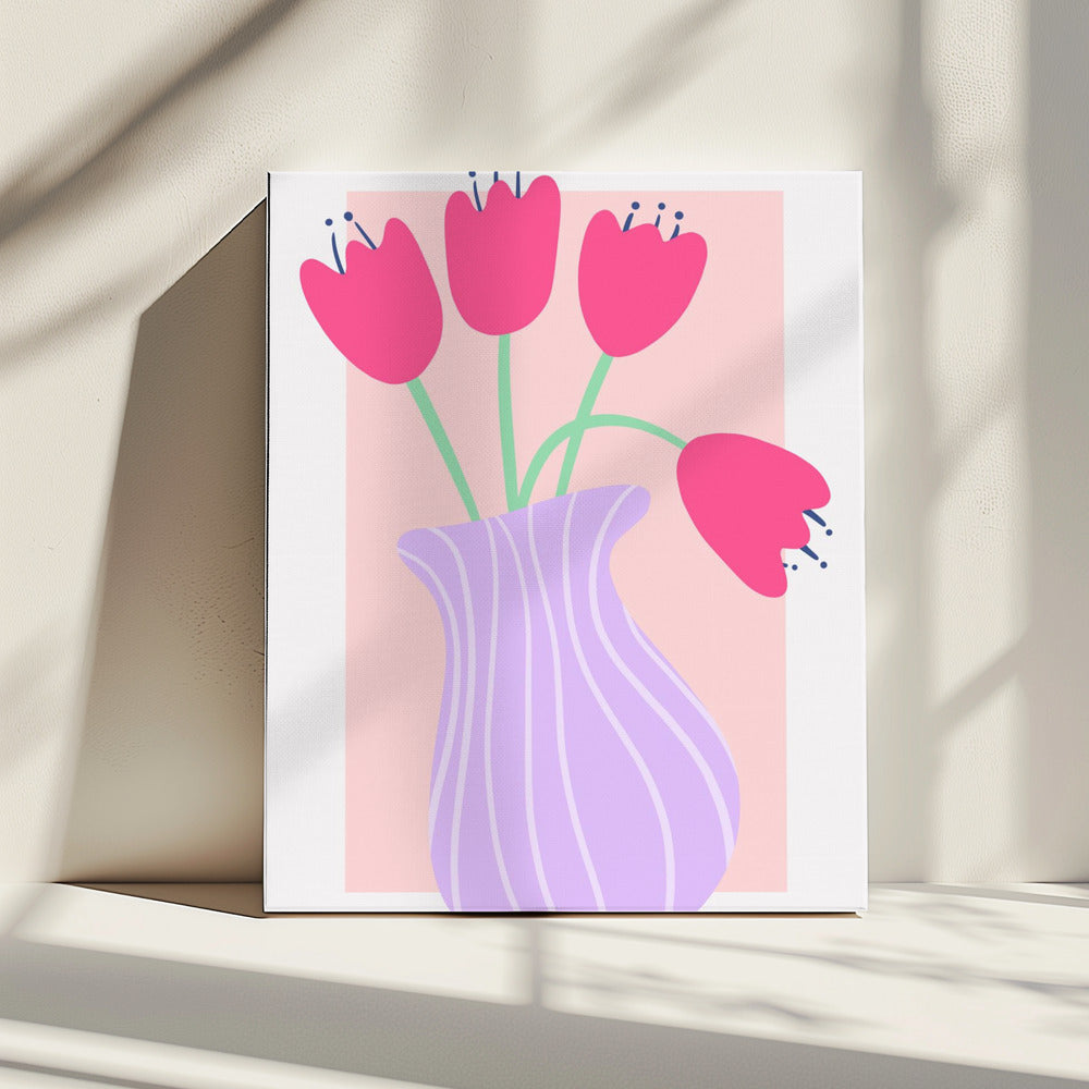Leuchtende Tulpen in einer gestreiften Lavendelvase | Leinwand
