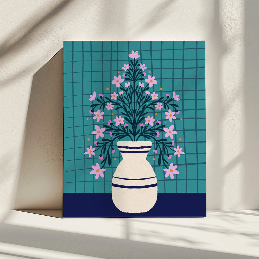 Türkisfarbene Blumen in einer Vase | Leinwand