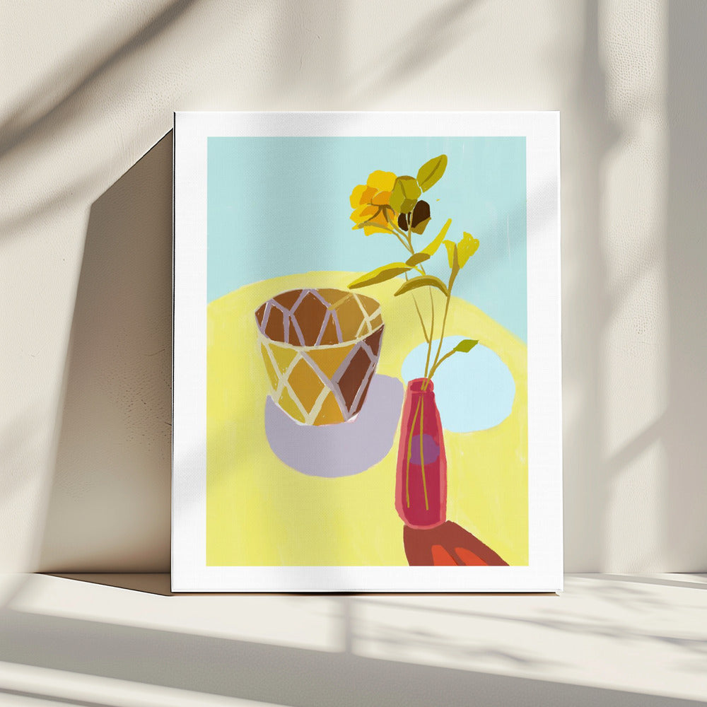 Gelbe Blumen in einem roten Topf | Leinwand