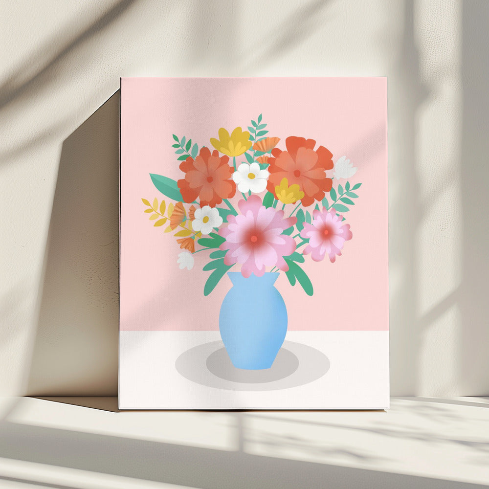 Lebendiger Blumenstrauß in einer blauen Vase | Leinwand