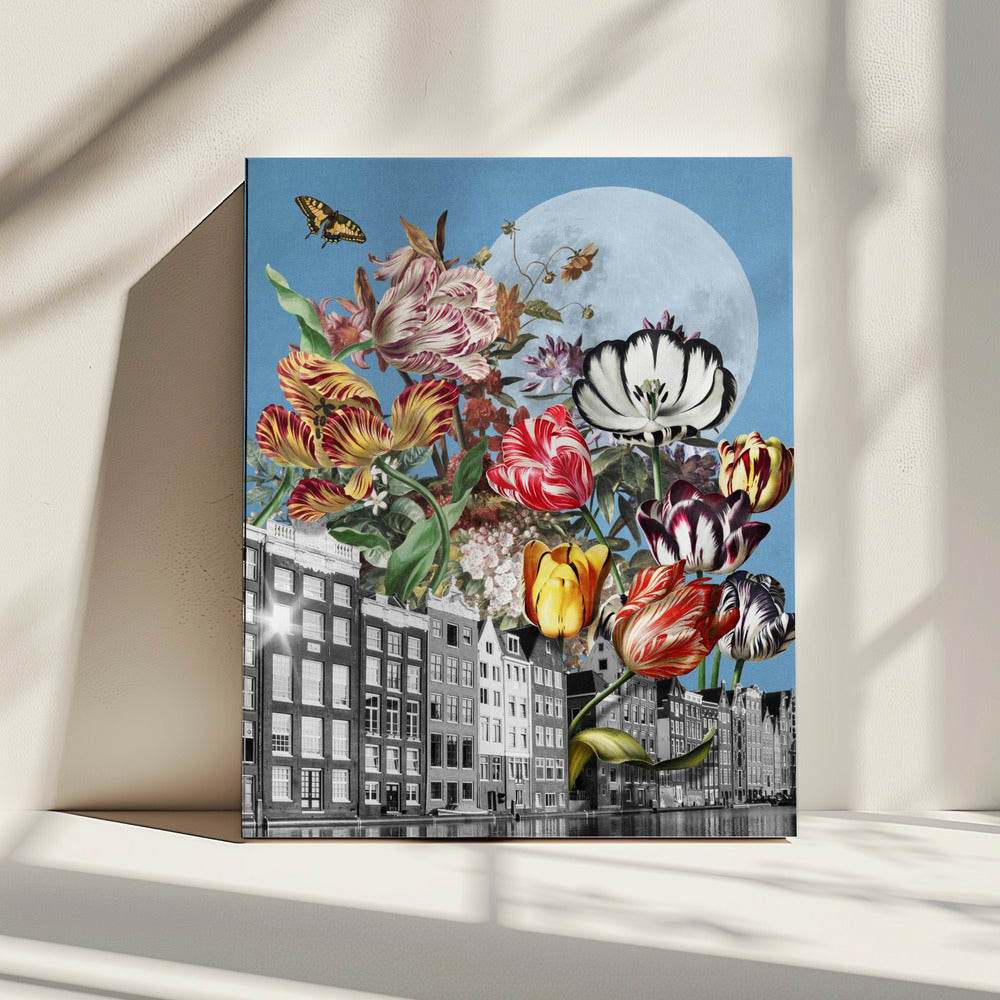 Lebendige Tulpen und komplizierte Schmetterlinge | Leinwand