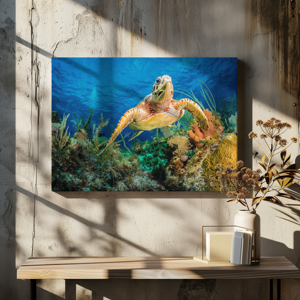 Karettschildkröte schwimmt durch karibisches Riff | Leinwand