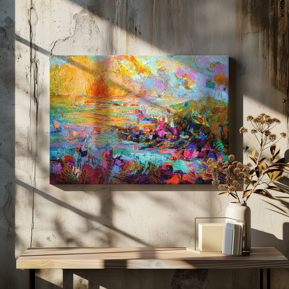 Sonnenuntergang über einer lebendigen Landschaft | Leinwand
