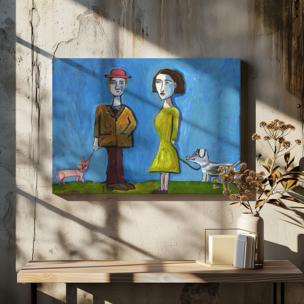 Menschen gehen mit Katze und Hund spazieren | Leinwand