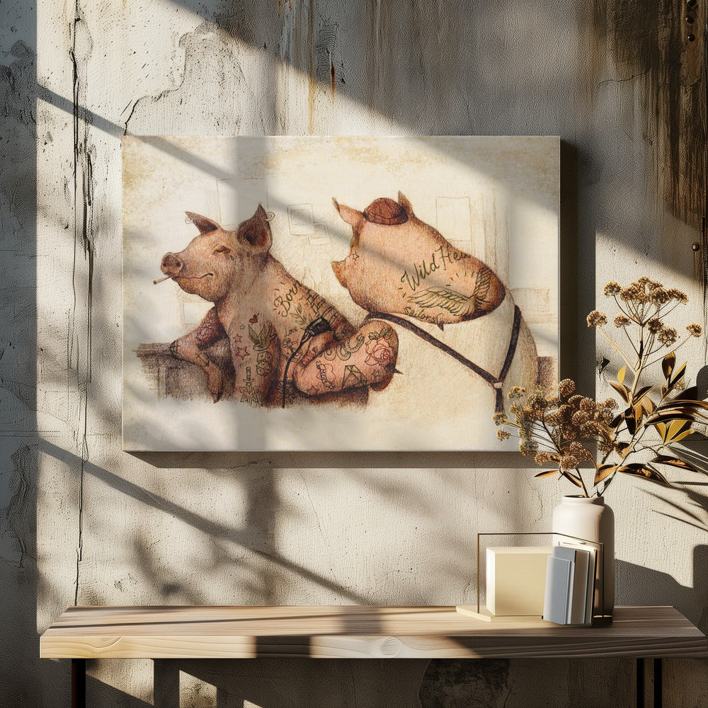 Tätowierte Schweine im Vintage-Stil | Leinwand