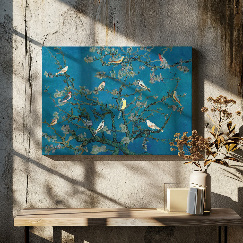 Vögel in der Mandelblüte | Leinwand