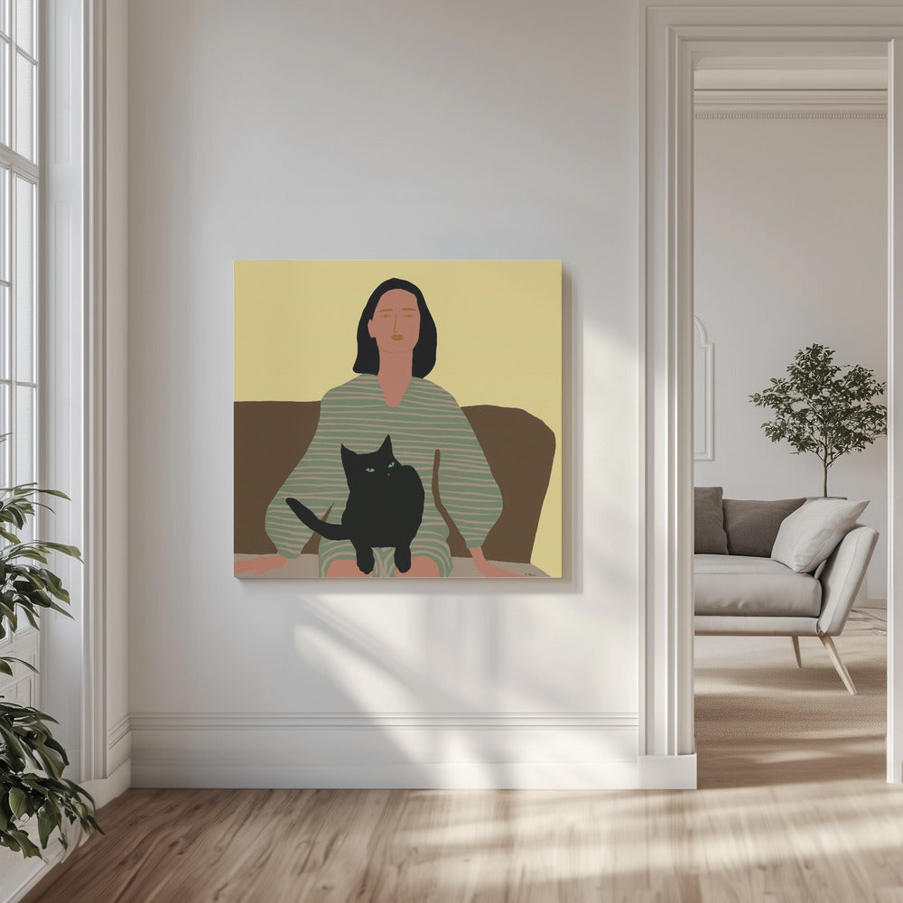 Sitzende Dame mit schwarzer Katze. | Leinwand