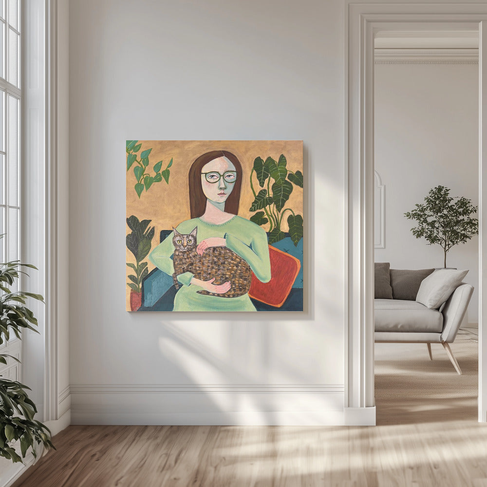 Dame mit ihrer Katze im Wohnzimmer | Leinwand