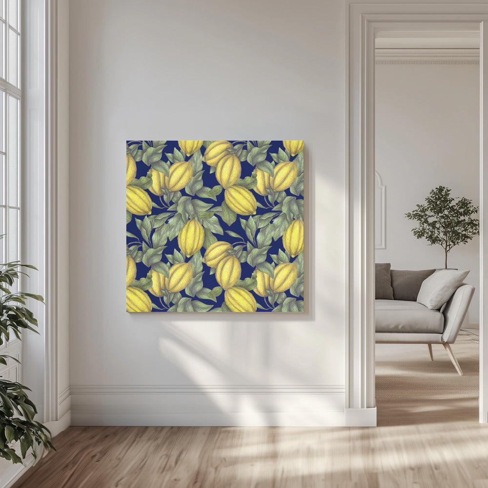 Gelbe Zitrone mit grünen Blättern | Leinwand