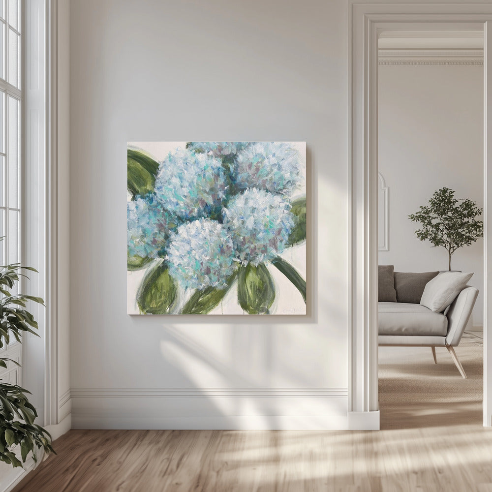 Blaue Hortensien mit grünen Blättern | Leinwand