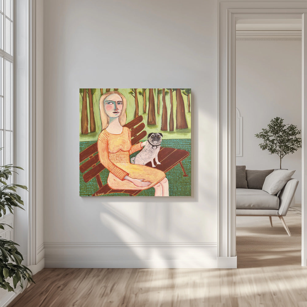 Dame mit Hund Mops | Leinwand
