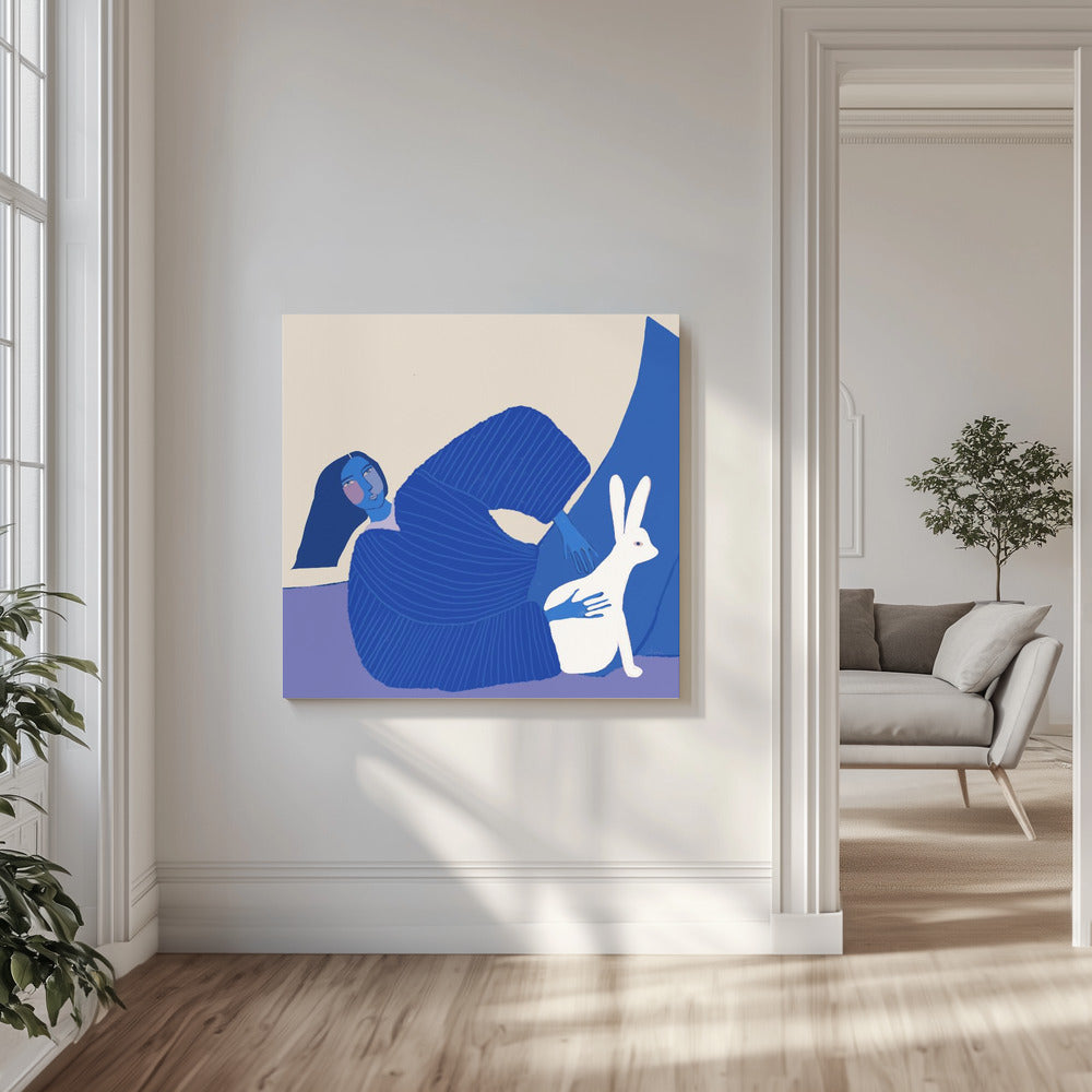 Blaue Dame mit Kaninchen | Leinwand