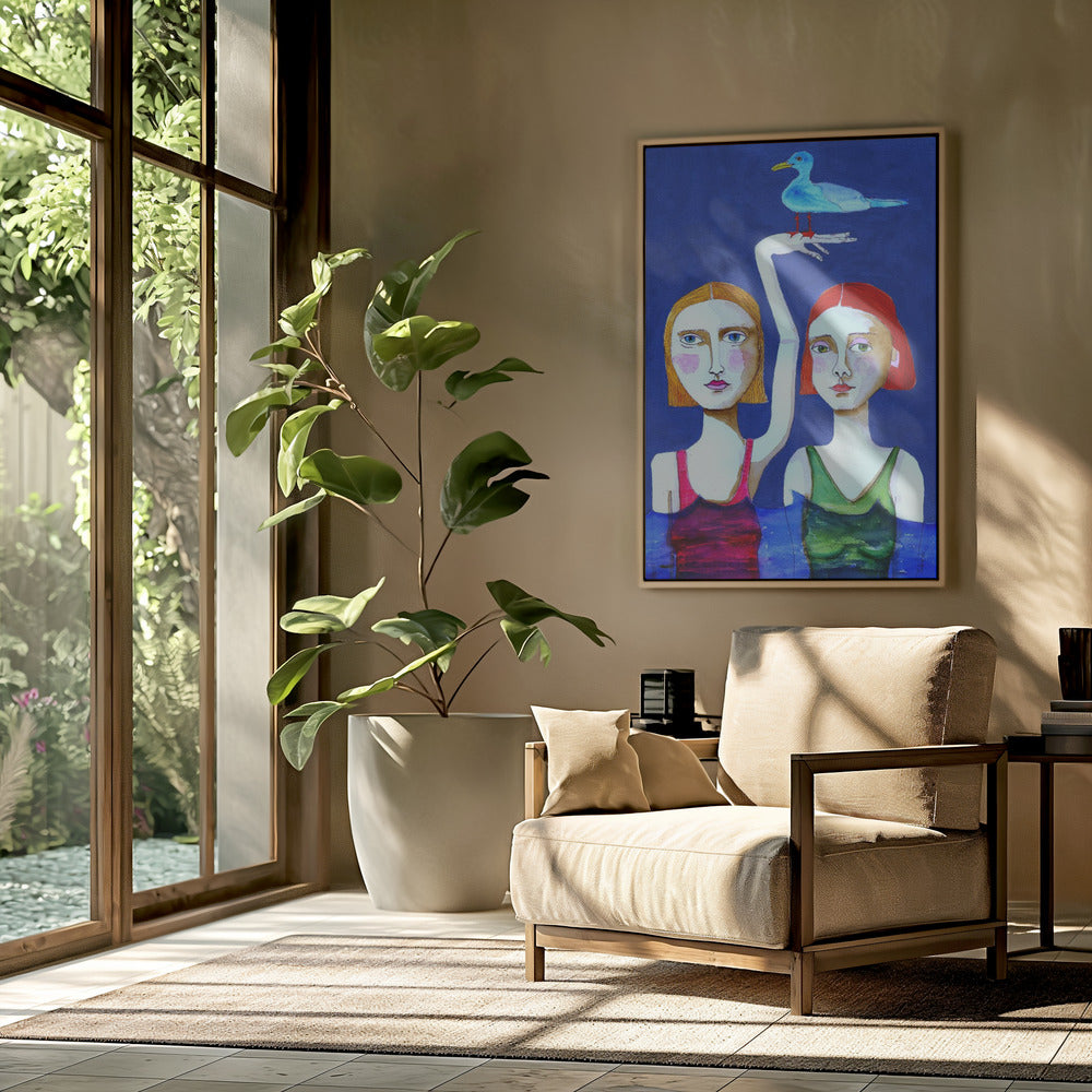 Schwimmende Damen mit blauem Vogel | Poster