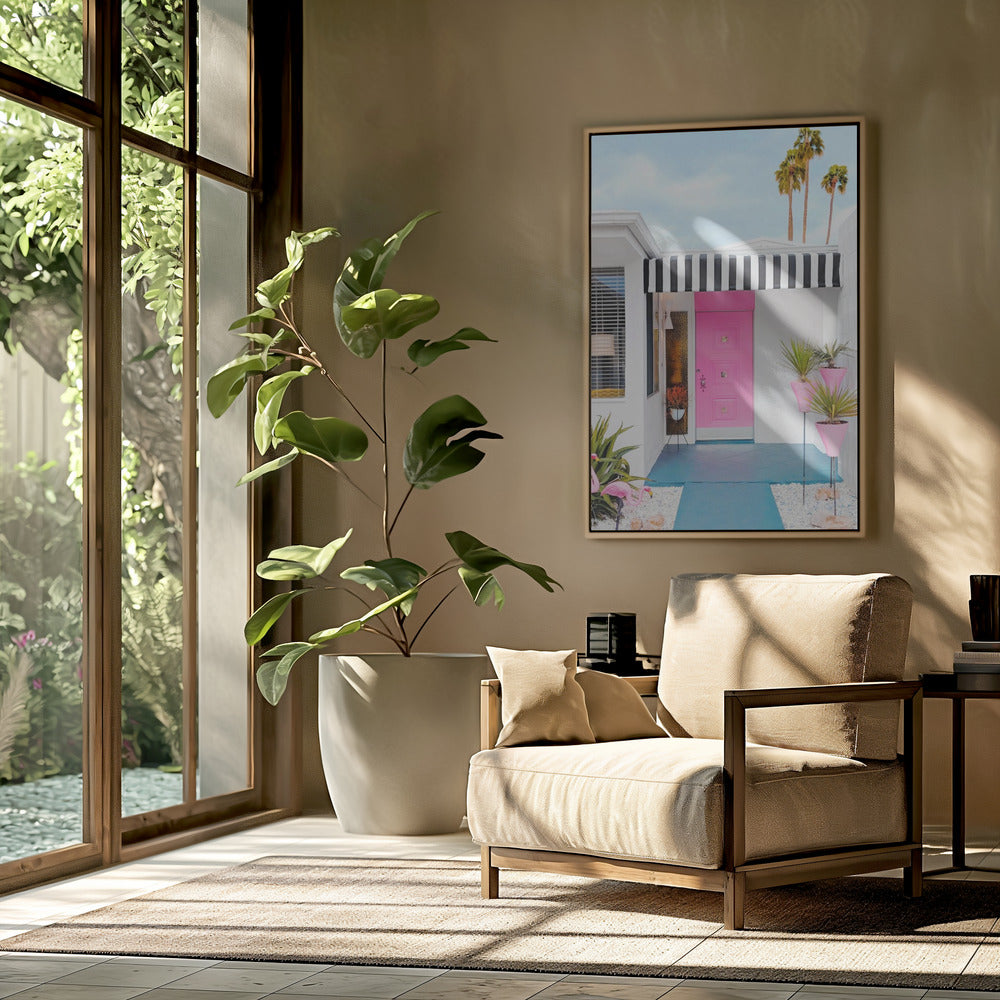 Rosa Tür mit Gartenflamingos | Poster