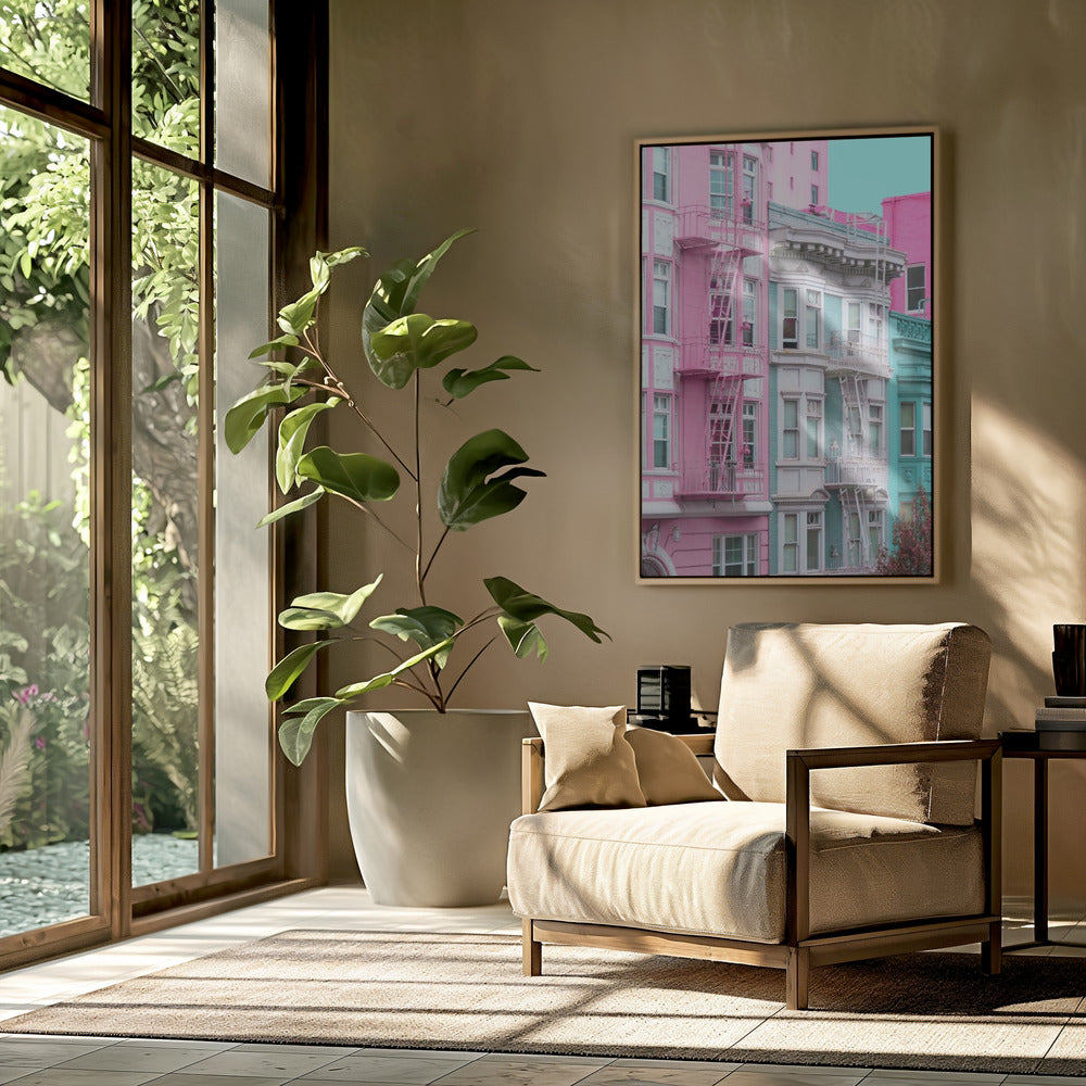 Rosa und blaue Reihenhäuser in San Francisco | Poster