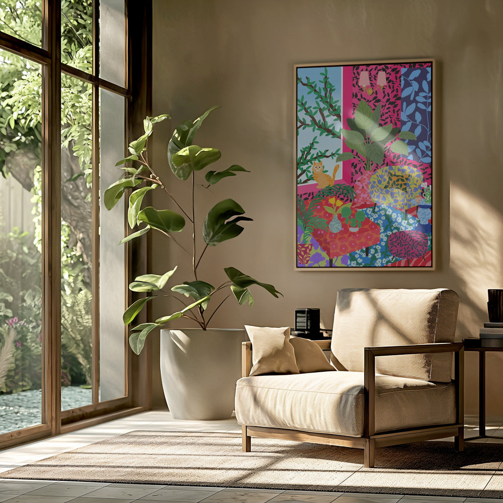 Katze im Flower-Power-Wohnzimmer | Poster