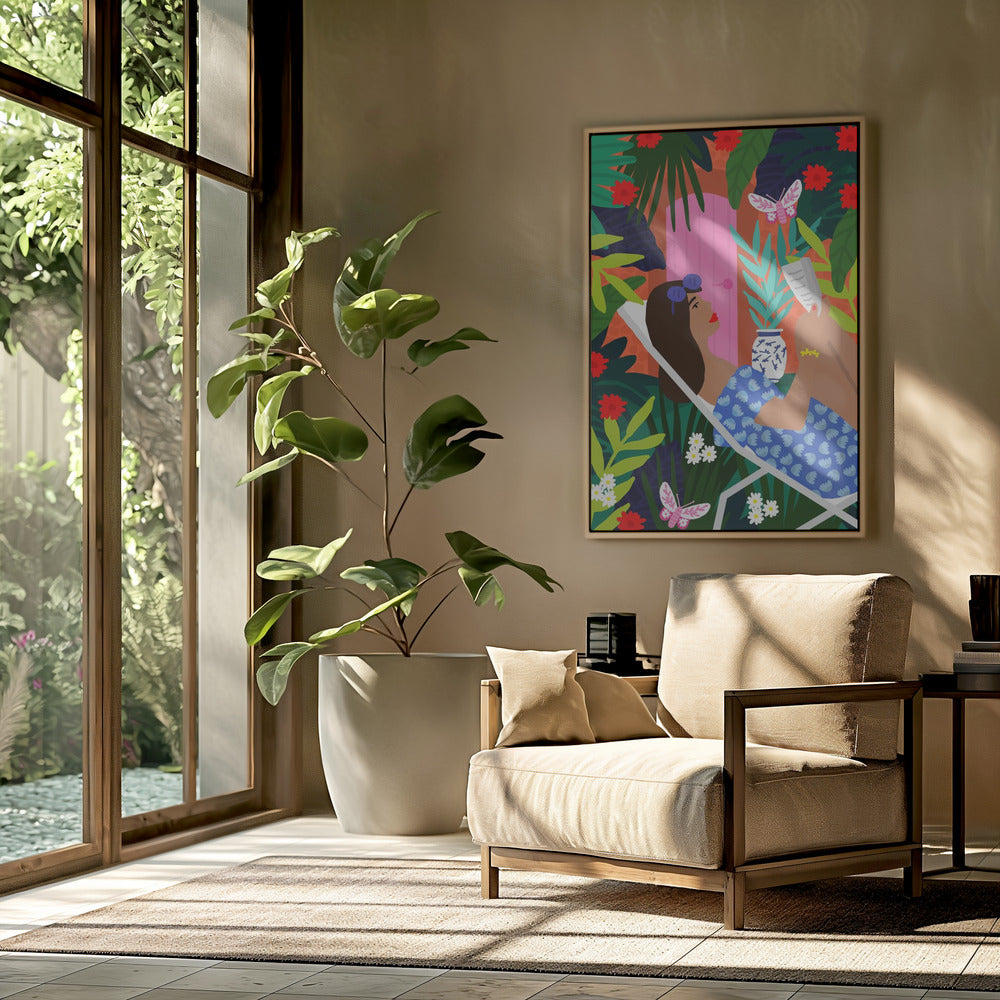 Sonnenbadendes Mädchen mit Blumenmuster | Poster