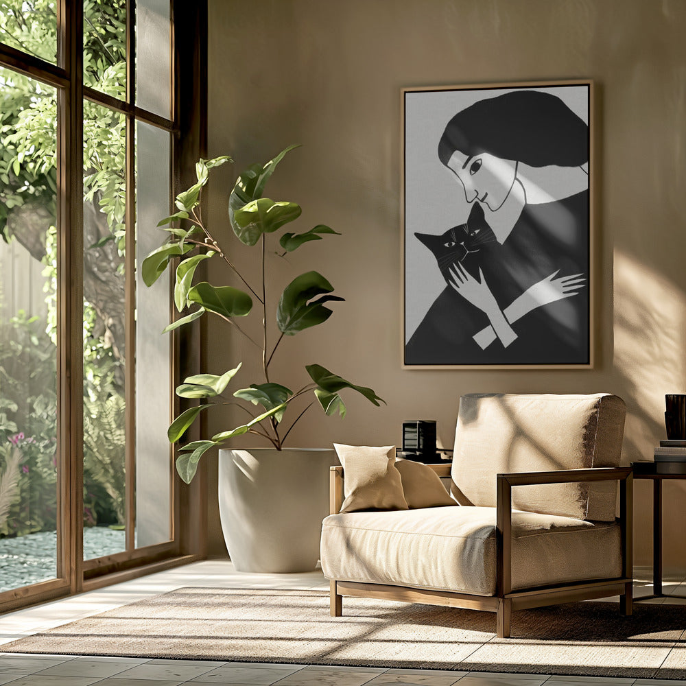 Katzendame mit schwarzer Katze | Poster