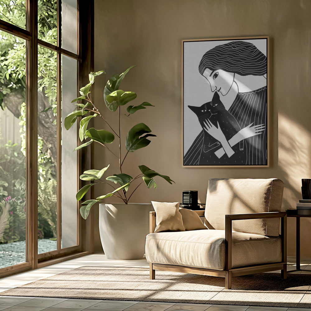 Katzendame mit schwarzer Katze | Poster