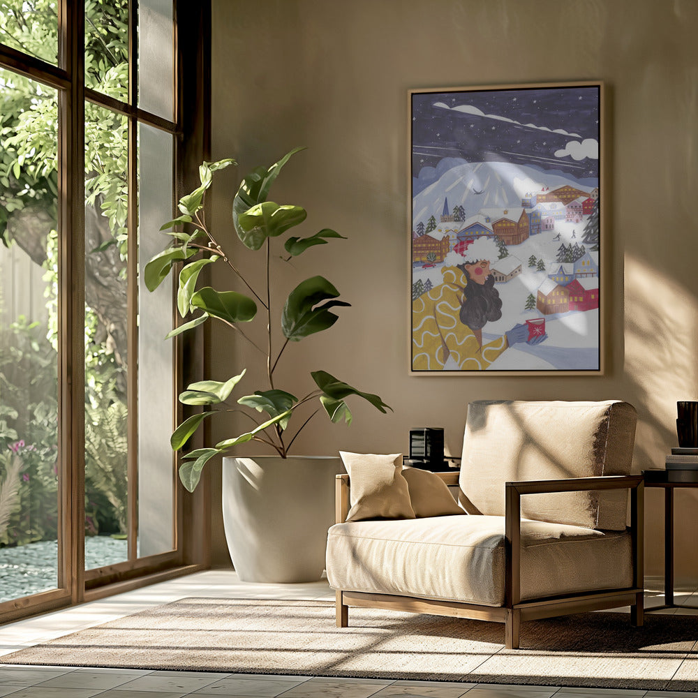 Winterlandschaft mit Frau und Kaffee | Poster