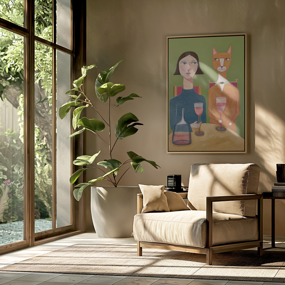 Lady and Cat Drinking Wine | Poster