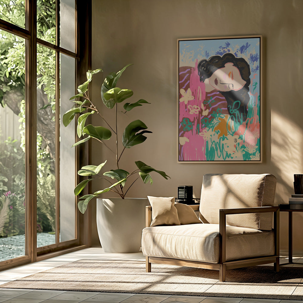 Ausdrucksstarke Figur umgeben von bunten Blumen | Poster