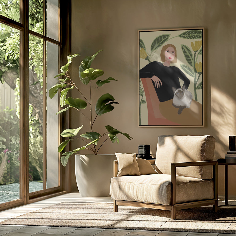 Dame mit Pflanzen und Katze | Poster