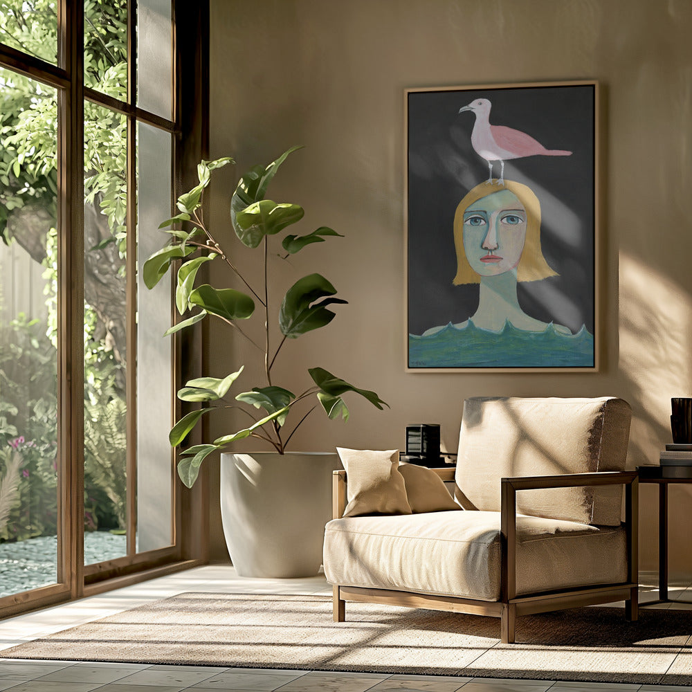Schwimmendes Mädchen mit rosa Möwe | Poster