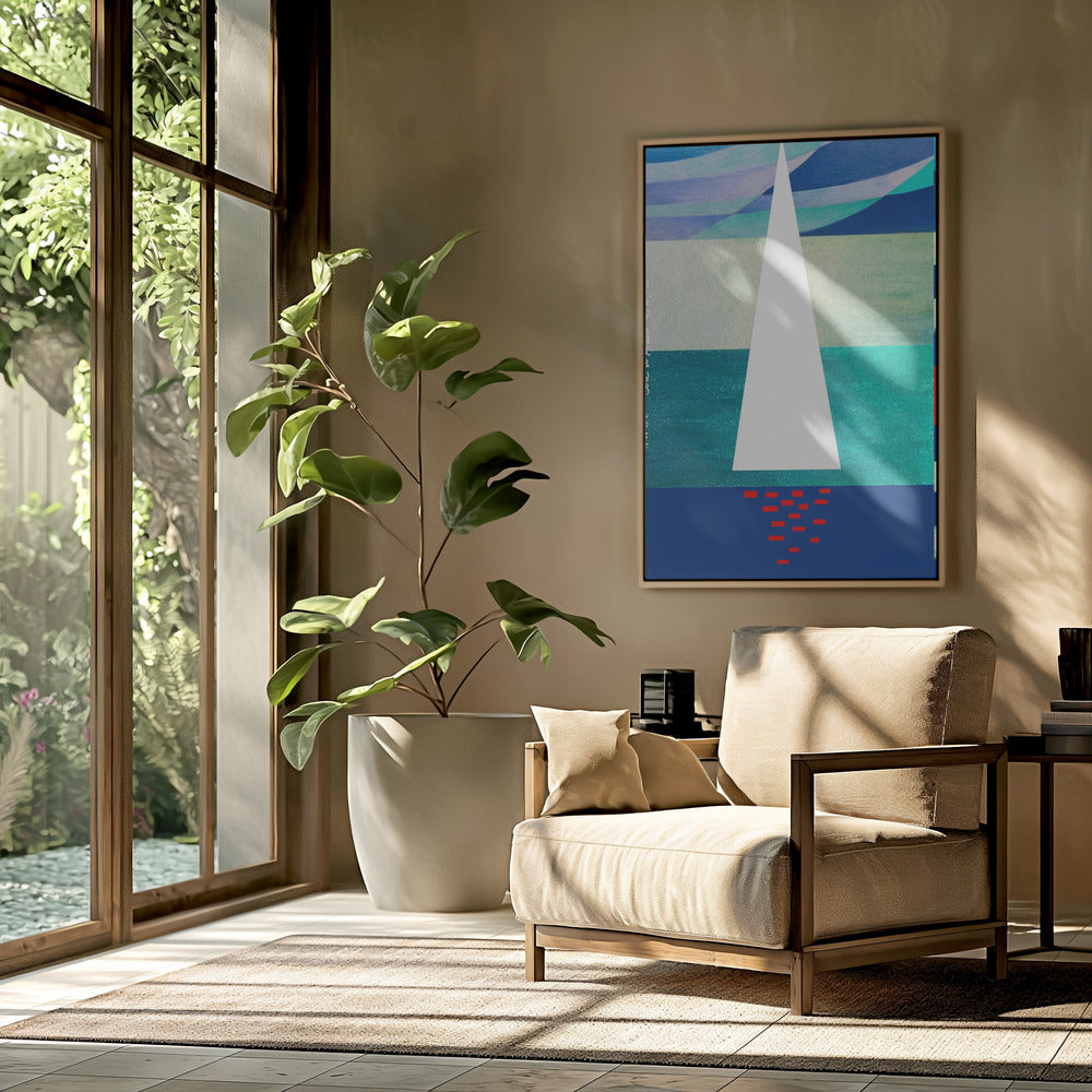 Abstraktes Segelboot an der französischen Riviera, farbenfroher Côte d'Azur-Kunstdruck | Poster
