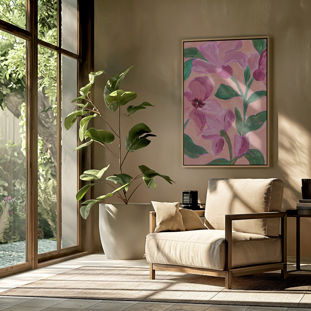 Pink Flowers With Bold Green Leaves | Poster