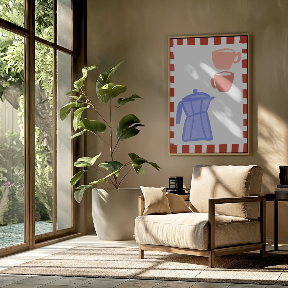 Minimalistische blaue Kaffeekanne und zwei rosa Tassen | Poster
