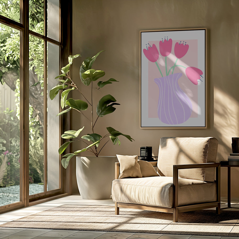 Vibrant Tulips in a Striped Lavender Vase | Poster