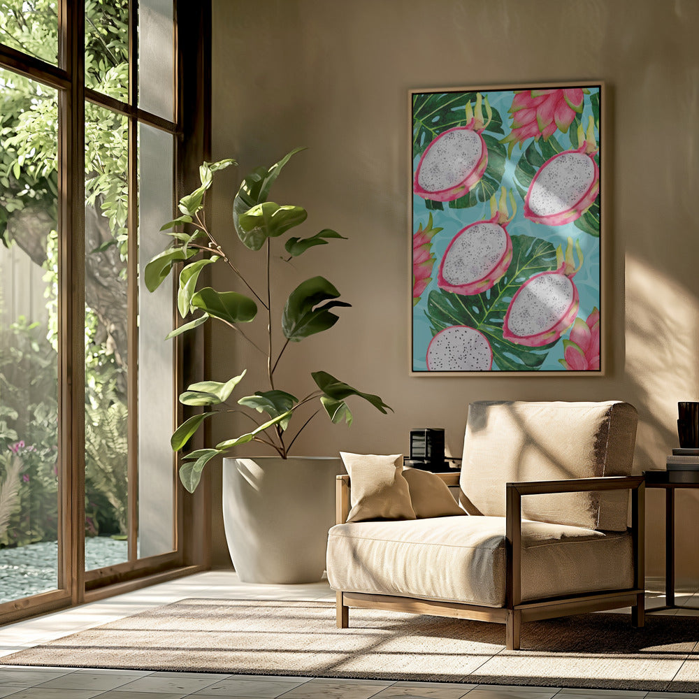 Lebendiges ästhetisches Muster aus Drachenfrucht und Monstera-Blättern – Exotisches tropisches Aquarell | Poster