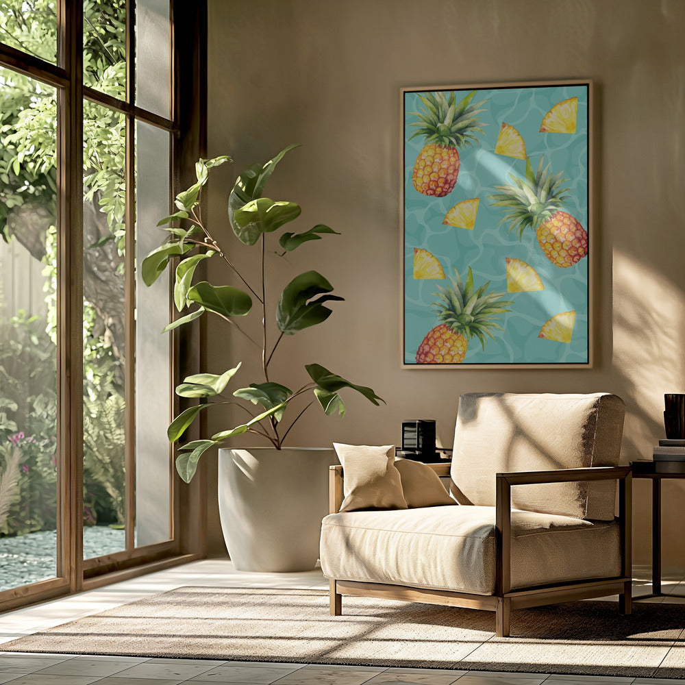 Ästhetisches Muster mit exotischer Ananas und Scheiben – Tropisches Sommeraquarell | Poster