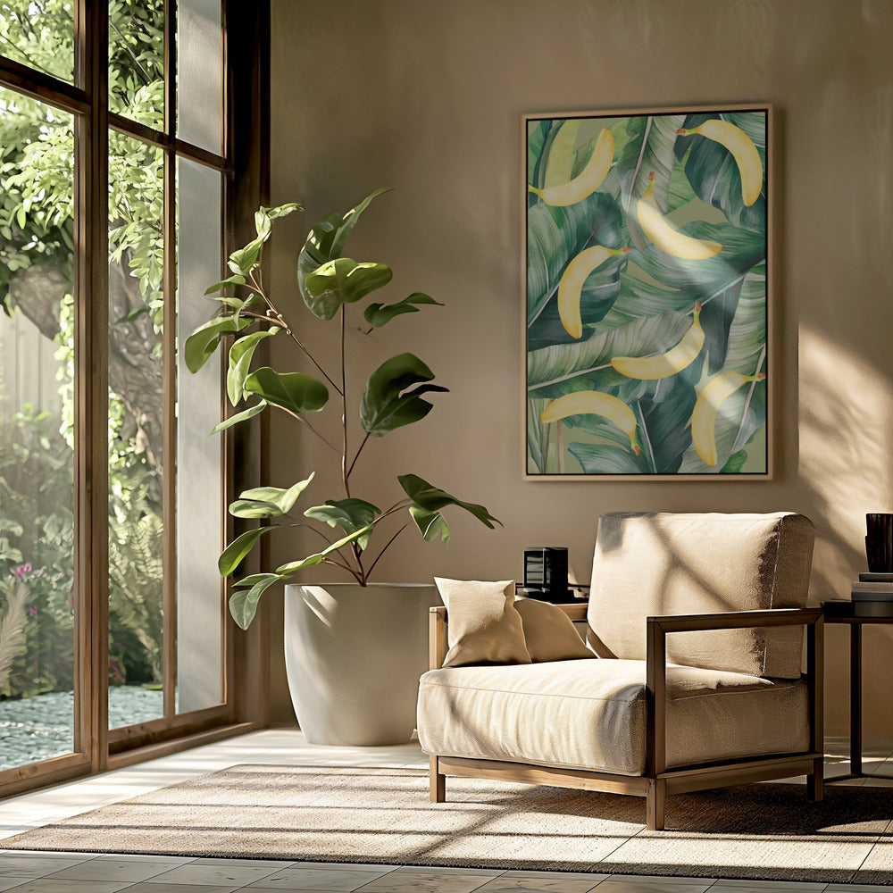 Fresh Banana & Lush Tropical Leaves Aesthetic Pattern - Natural Watercolor Design | Poster