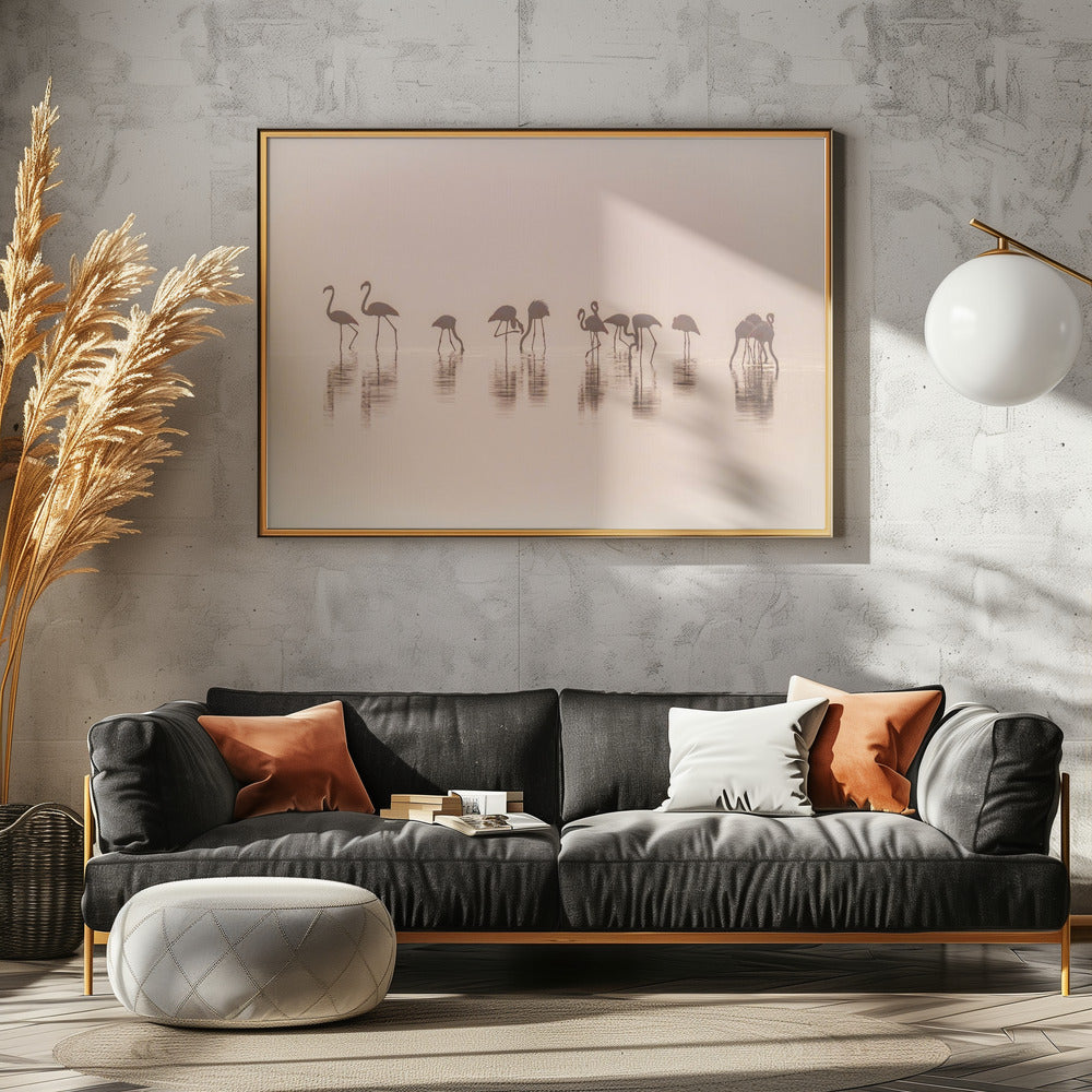 Flamingos im Nebel | Leinwand