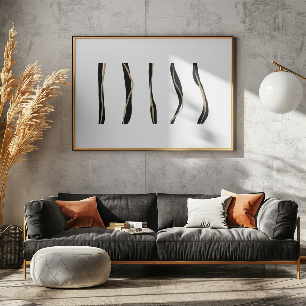 Schwarze und beige Wellenlinien auf weißem Hintergrund | Leinwand