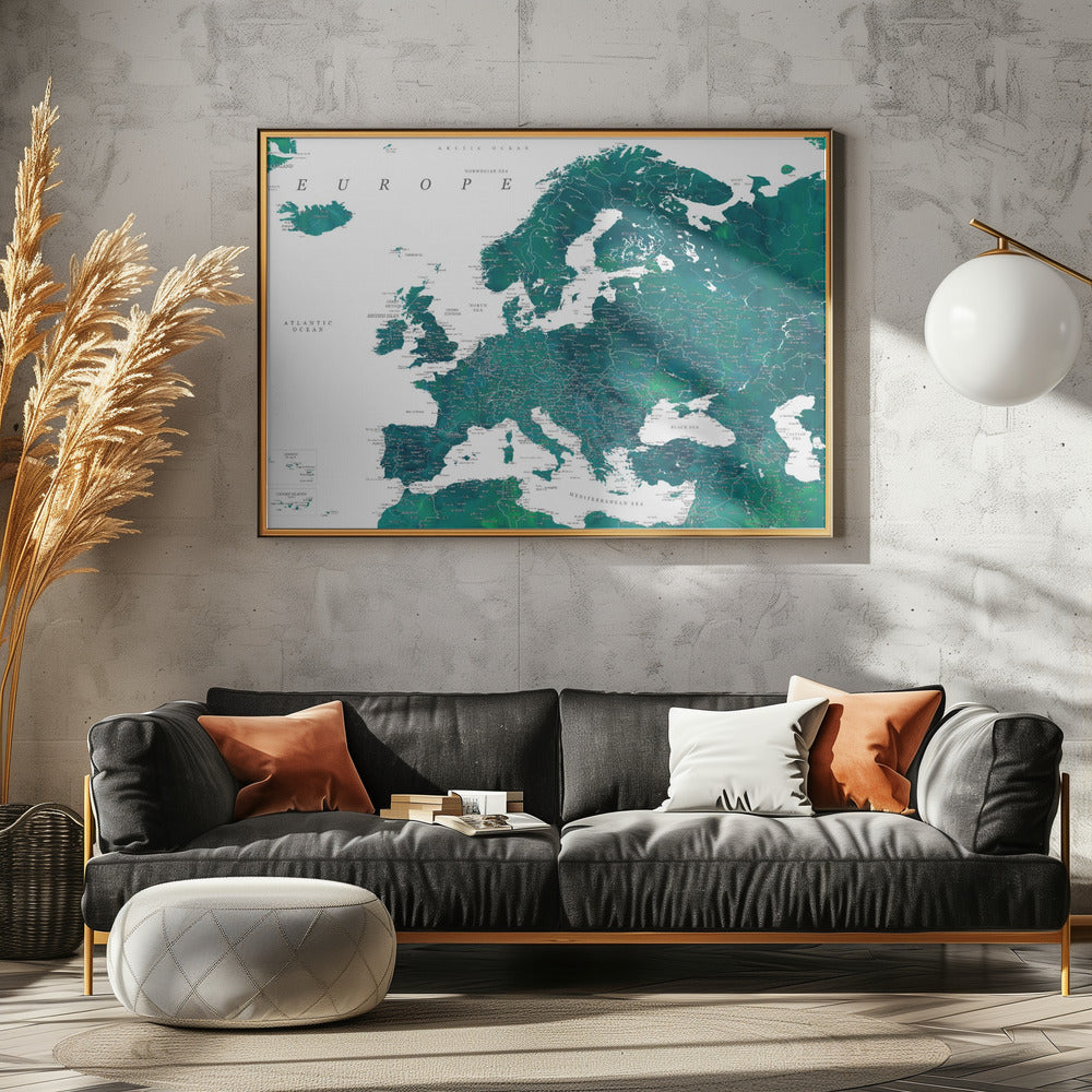 Teal detailed map of Europe | Canvas